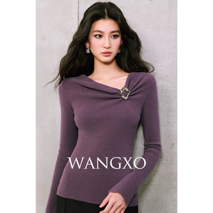 WANGXO | Luxurious Lightweight Warm Cashmere and Wool with 3D Texture | Slim Fit Knit Sweater with Asymmetrical Neck, Gathered Pleats, and Metallic Decoration
