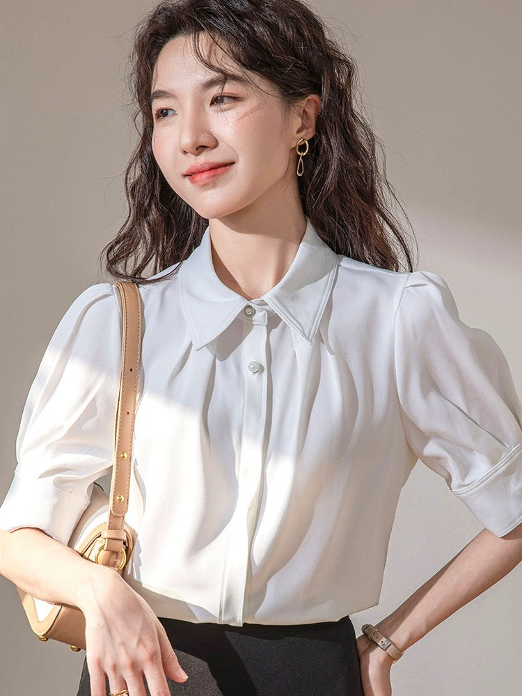 French puff sleeve white shirt women's short-sleeved 2024 new summer style temperament commuting professional interview formal top