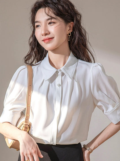 French puff sleeve white shirt women's short-sleeved 2024 new summer style temperament commuting professional interview formal top