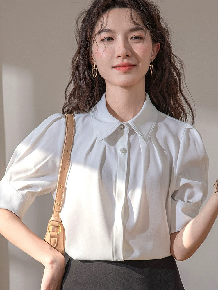 French puff sleeve white shirt women's short-sleeved 2024 new summer style temperament commuting professional interview formal top