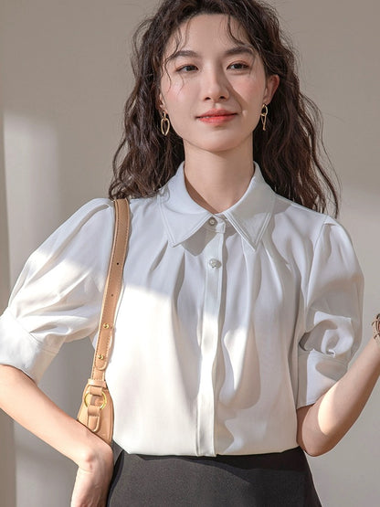 French puff sleeve white shirt women's short-sleeved 2024 new summer style temperament commuting professional interview formal top