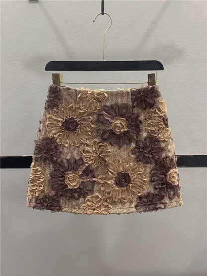 Retro 3D Floral Wool Skirt for Women, 2025 Autumn/Winter New Style, Youthful, High-Waisted, Slimming A-Line Bodycon Mini Skirt