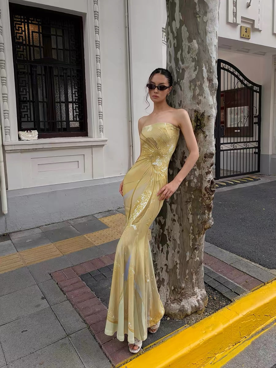 FINDYAWINGS "Golden Gauze" Diffusion Print Strapless Bodycon Fishtail Dress