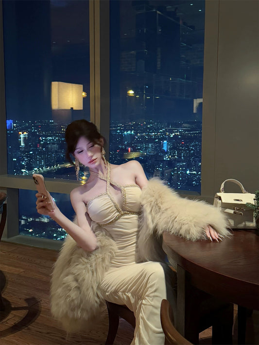 Dust Deng Deng Internet celebrity fashionable and sexy white French slimming niche design dress D24Q4036