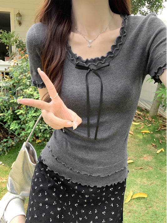 Korean style slim-fitting right shoulder bow short-sleeved T-shirt for women summer new design bottoming shirt short top