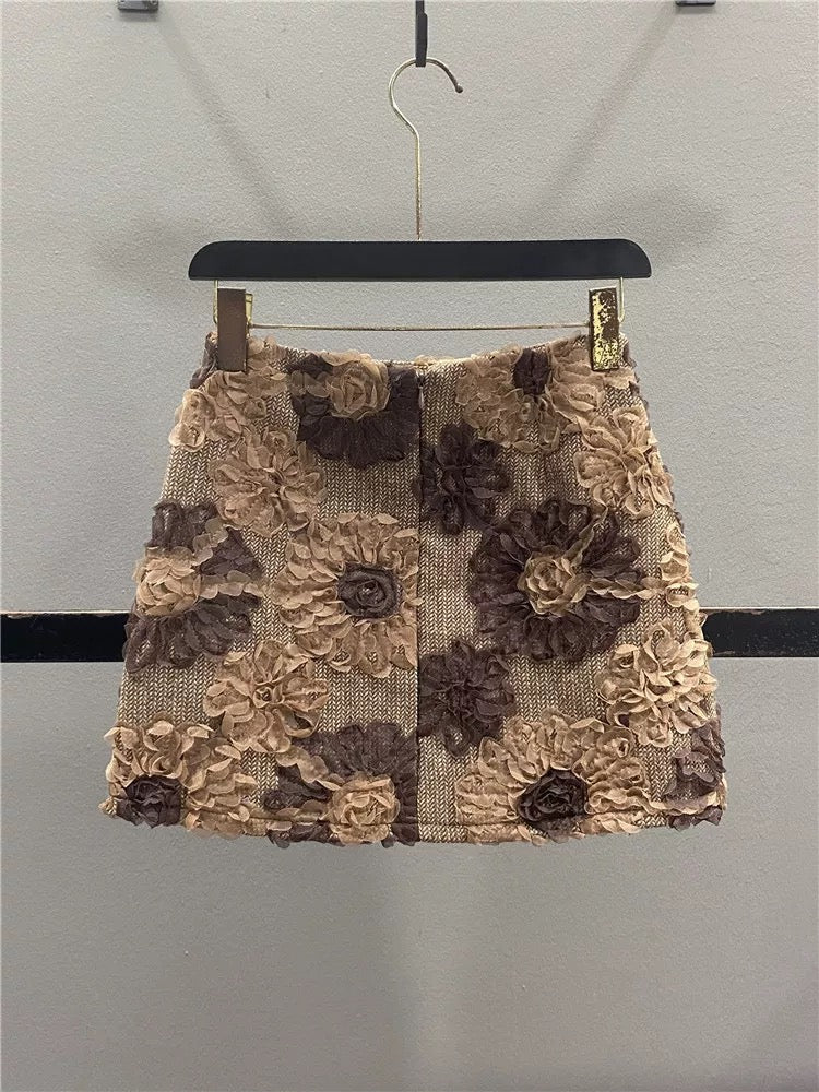 Retro 3D Floral Wool Skirt for Women, 2025 Autumn/Winter New Style, Youthful, High-Waisted, Slimming A-Line Bodycon Mini Skirt