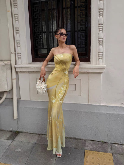 FINDYAWINGS "Golden Gauze" Diffusion Print Strapless Bodycon Fishtail Dress