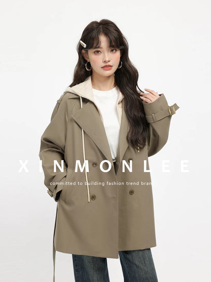 XinmonLee French Hepburn style fake two-piece hooded windbreaker jacket autumn new temperament versatile top