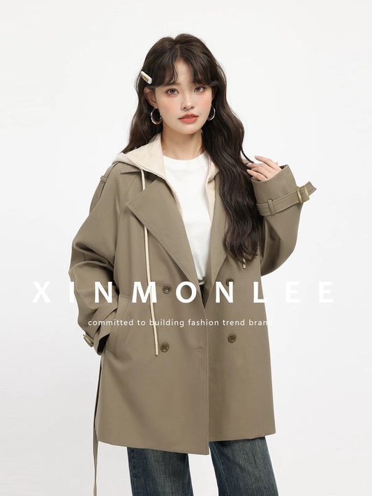 XinmonLee French Hepburn style fake two-piece hooded windbreaker jacket autumn new temperament versatile top