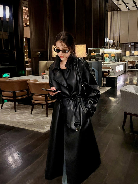 High-end popular black leather coat for women spring and autumn mid-length windbreaker loose casual temperament pu leather coat