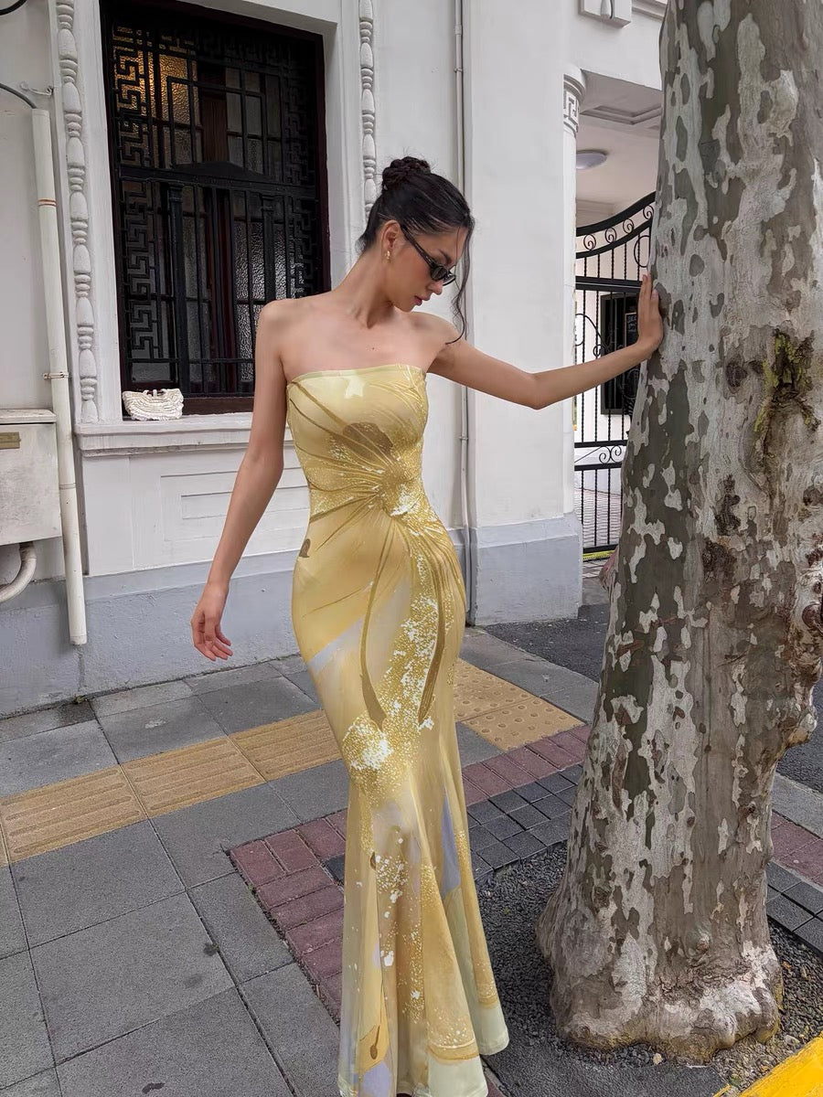FINDYAWINGS "Golden Gauze" Diffusion Print Strapless Bodycon Fishtail Dress