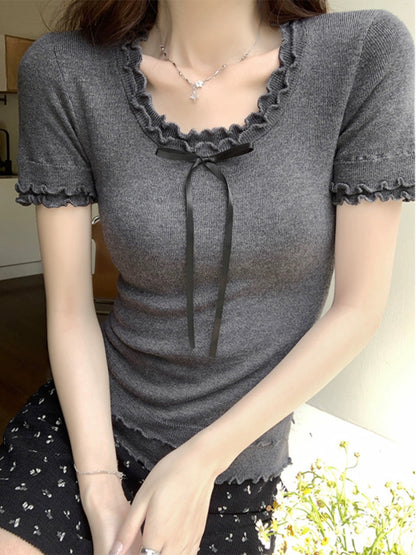 Korean style slim-fitting right shoulder bow short-sleeved T-shirt for women summer new design bottoming shirt short top