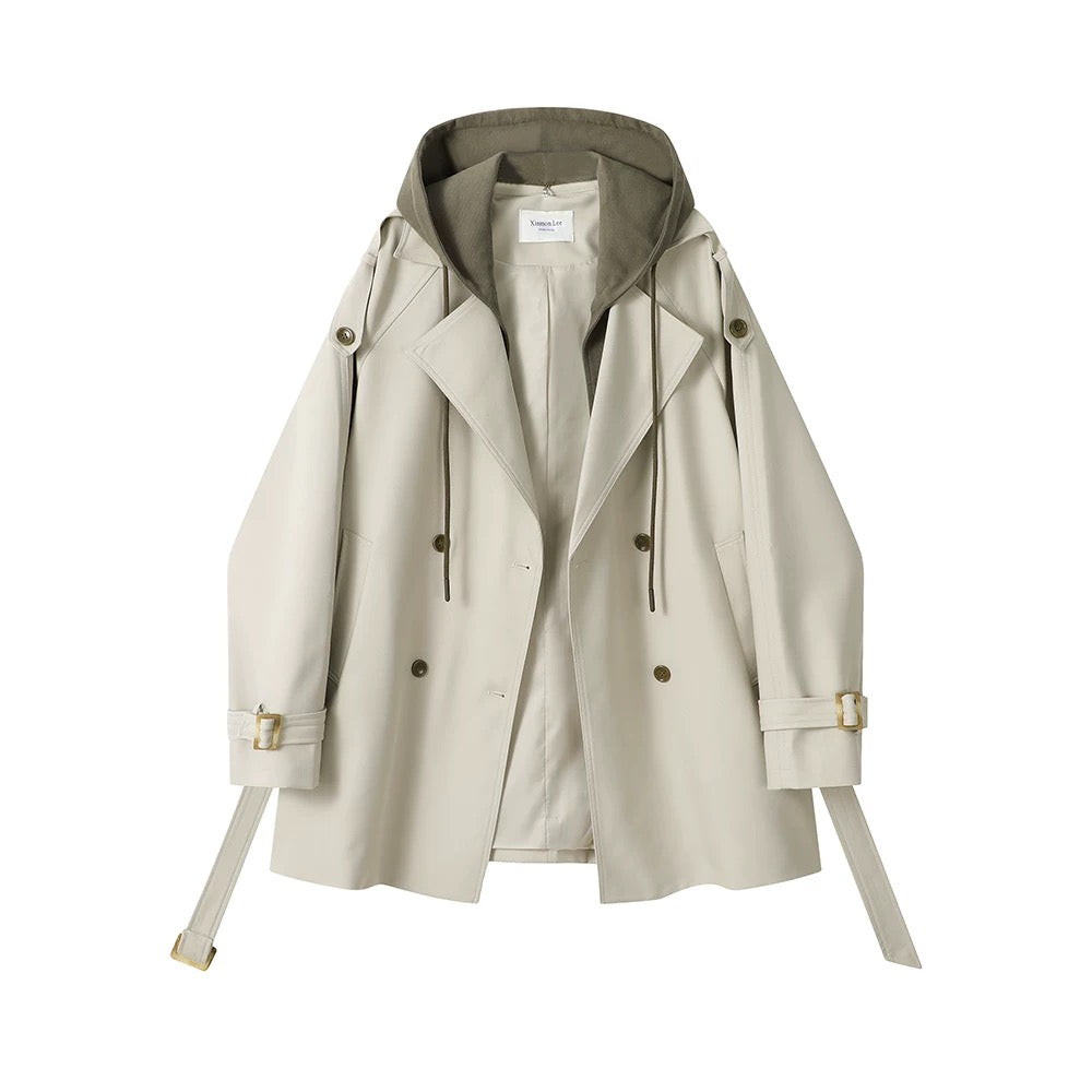 XinmonLee French Hepburn style fake two-piece hooded windbreaker jacket autumn new temperament versatile top