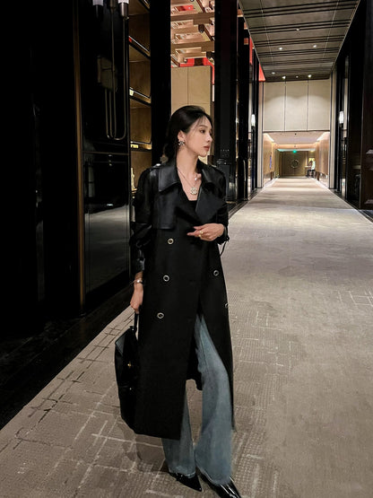 High-end popular black leather coat for women spring and autumn mid-length windbreaker loose casual temperament pu leather coat