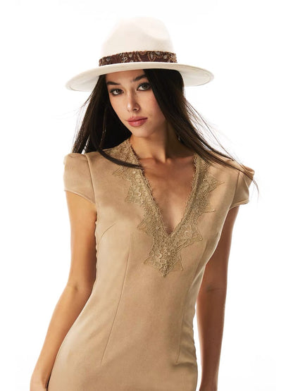 FINDYAWINGS "Dune Muse" PU Leather Lace Slim Fit Bodycon Mini Dress - Sexy Dress