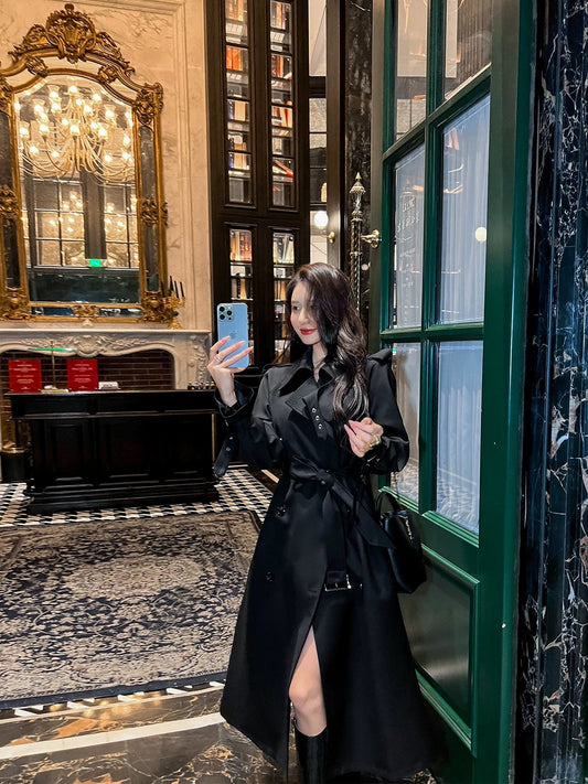 Black trench coat women's mid-length 2024 spring and autumn new British style design high-end loose casual coat