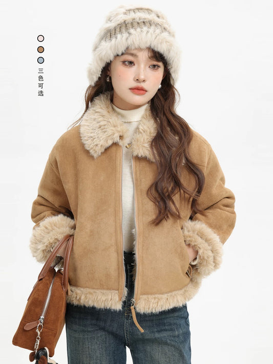 XinmonLee retro Maillard cat style lambswool winter plus velvet Korean lazy slim motorcycle jacket