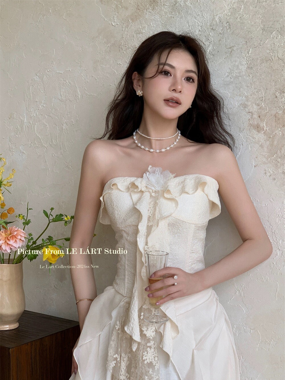 LELART summer new style French pure desire sexy elegant wood ear flower tube top jacquard customized small shirt