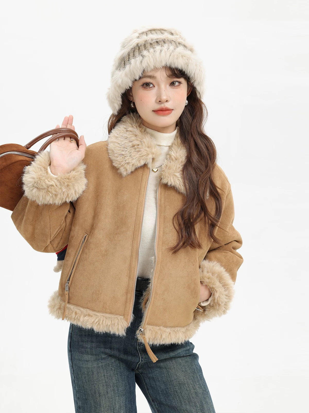 XinmonLee retro Maillard cat style lambswool winter plus velvet Korean lazy slim motorcycle jacket