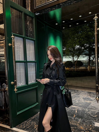 Black trench coat women's mid-length 2024 spring and autumn new British style design high-end loose casual coat