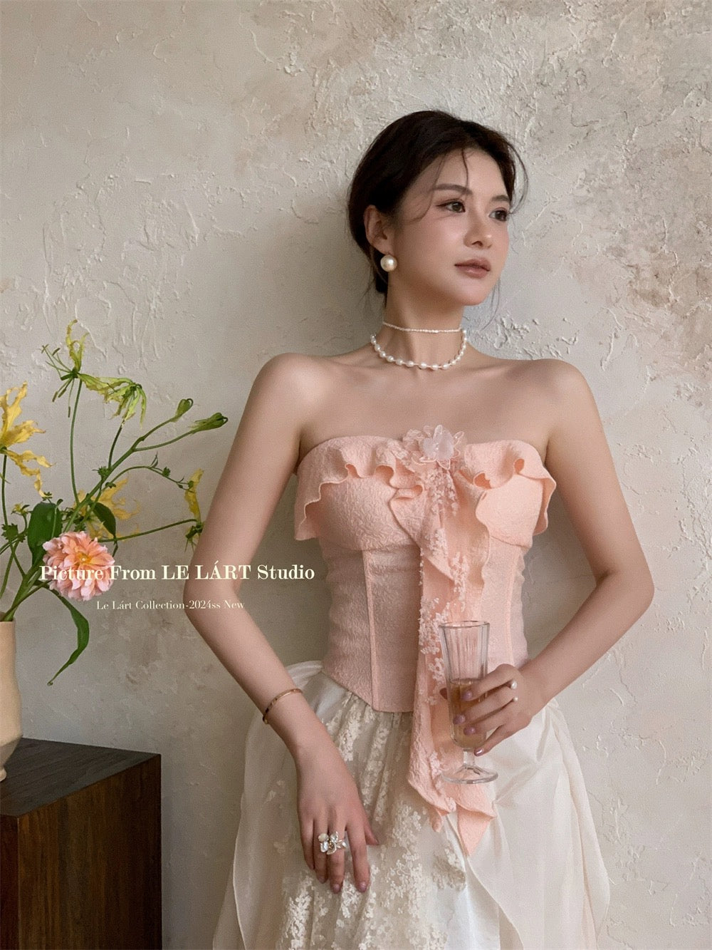 LELART summer new style French pure desire sexy elegant wood ear flower tube top jacquard customized small shirt