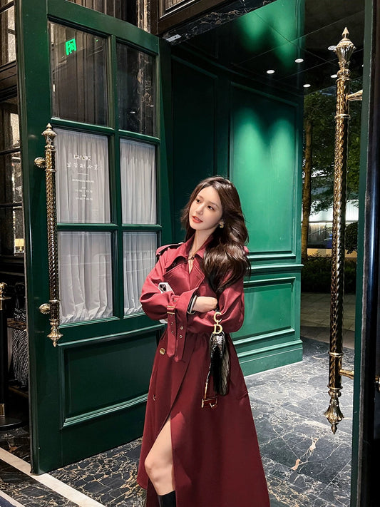 High-end red windbreaker women's mid-length 2024 spring and autumn new waist loose casual slim coat for small people