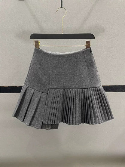 Irregular slit wool midi skirt for women, new autumn/winter 2025 style, high-waisted, slimming A-line pleated mini skirt.