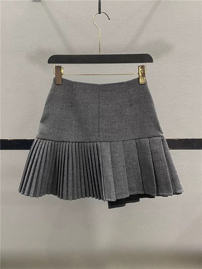 Irregular slit wool midi skirt for women, new autumn/winter 2025 style, high-waisted, slimming A-line pleated mini skirt.