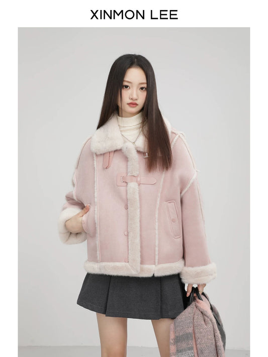 Pink design stand collar fur lambskin coat small size plus velvet thickened winter women's temperament top