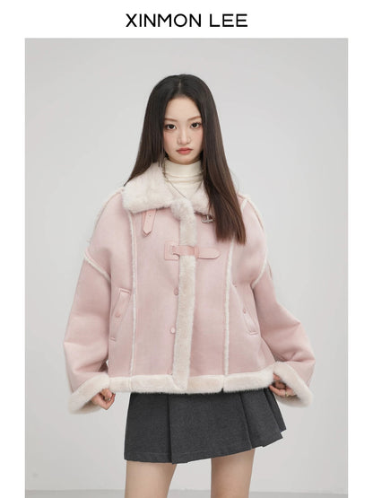 Pink design stand collar fur lambskin coat small size plus velvet thickened winter women's temperament top