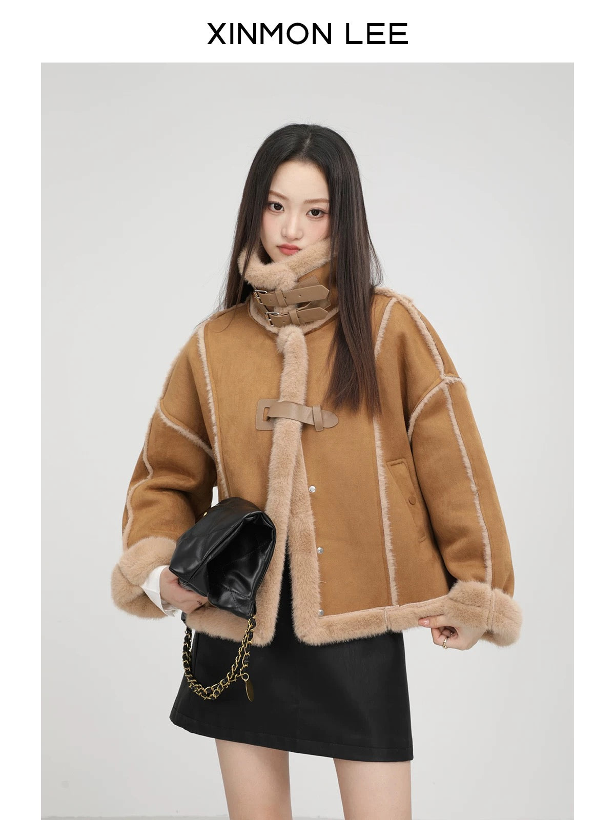 Pink design stand collar fur lambskin coat small size plus velvet thickened winter women's temperament top