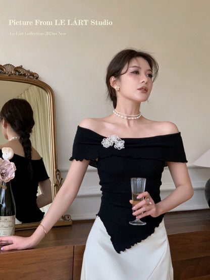 LELART French elegant temperament irregular top off-shoulder earrings one-shoulder pearl flower sweater