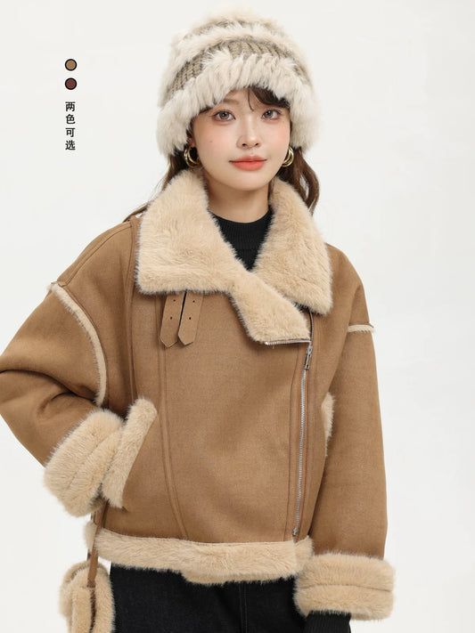 XinmonLee Maillard retro fur one-piece deerskin coat chic design age-reducing short jacket winter