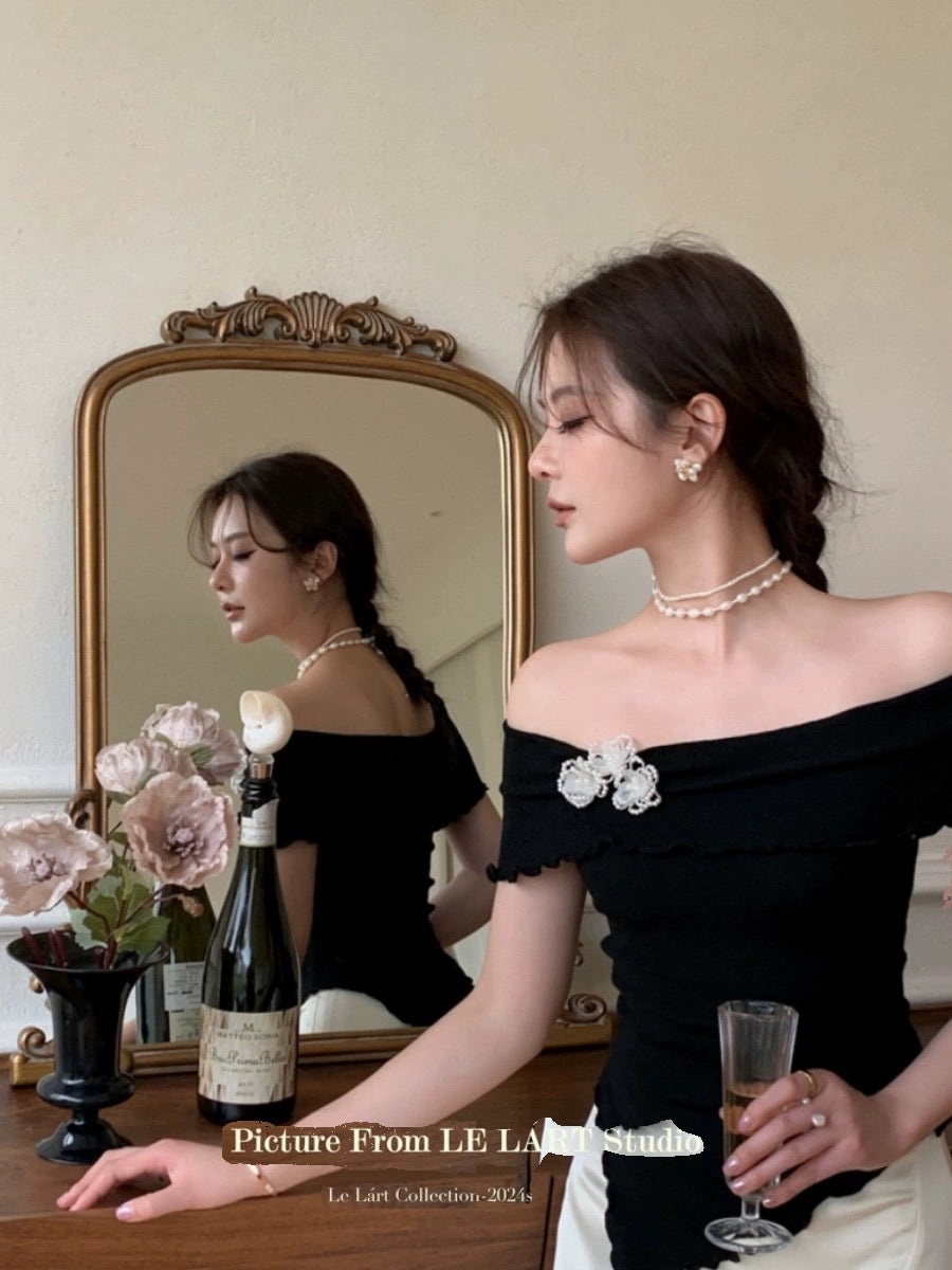 LELART French elegant temperament irregular top off-shoulder earrings one-shoulder pearl flower sweater