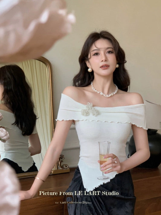 LELART French elegant temperament irregular top off-shoulder earrings one-shoulder pearl flower sweater