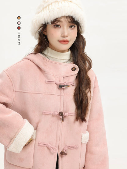 XinmonLee winter sweet Korean style hooded horn button suede fur one-piece plus velvet temperament cotton coat for women