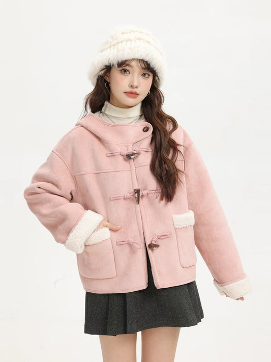 XinmonLee winter sweet Korean style hooded horn button suede fur one-piece plus velvet temperament cotton coat for women