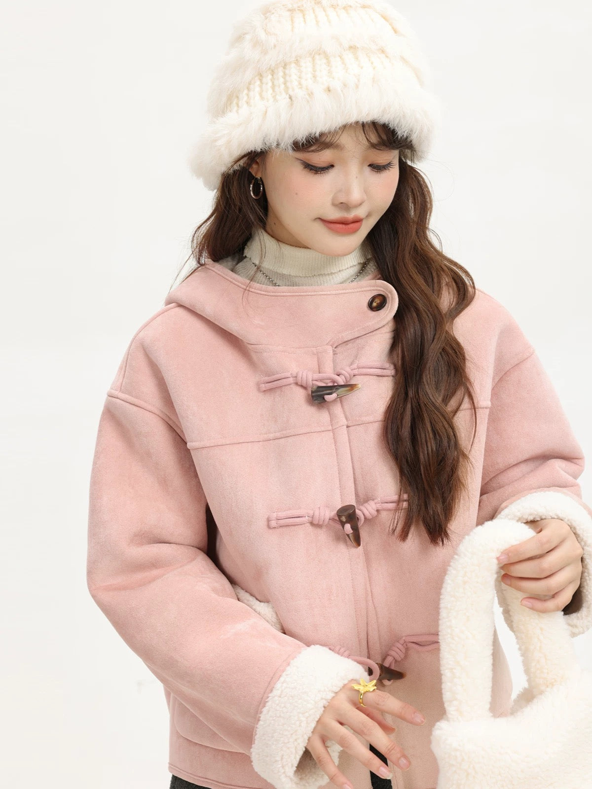 XinmonLee winter sweet Korean style hooded horn button suede fur one-piece plus velvet temperament cotton coat for women