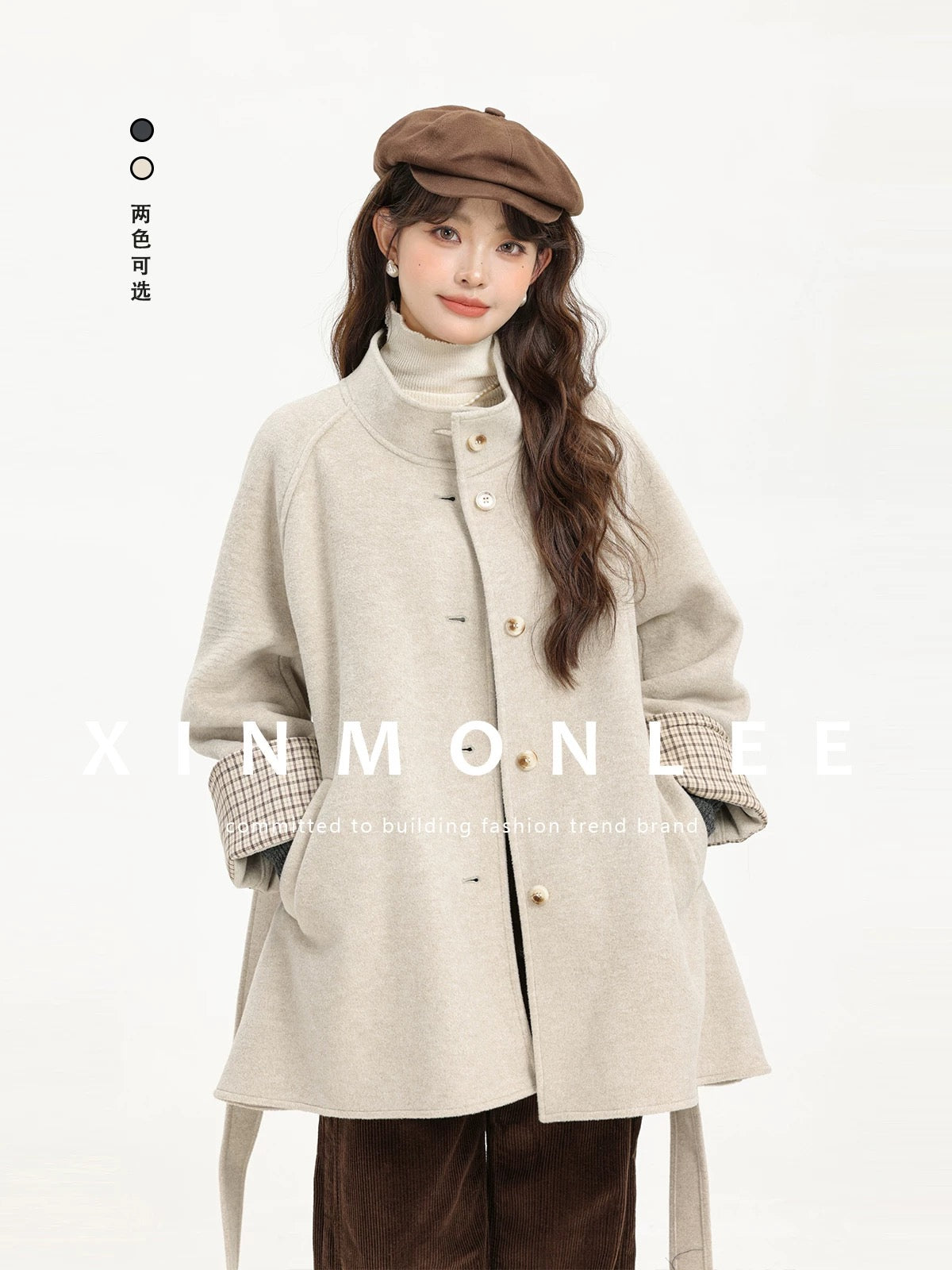 XinmonLee temperament mid-length autumn and winter new style stand-up collar woolen coat Korean style foreign style age-reducing versatile coat