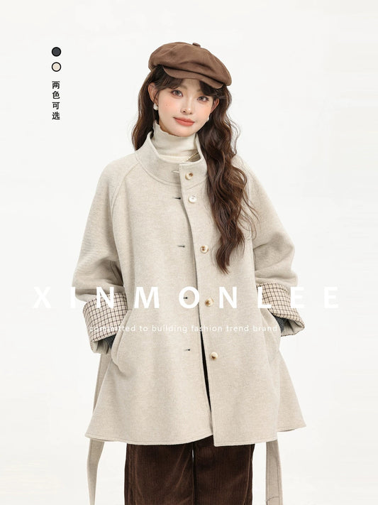 XinmonLee temperament mid-length autumn and winter new style stand-up collar woolen coat Korean style foreign style age-reducing versatile coat