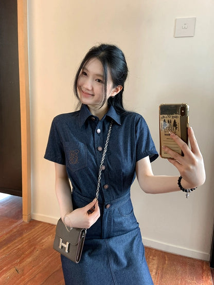 Wang Girl's shop short-sleeved shirt dress summer new Korean style small waist slimming casual workwear long skirt