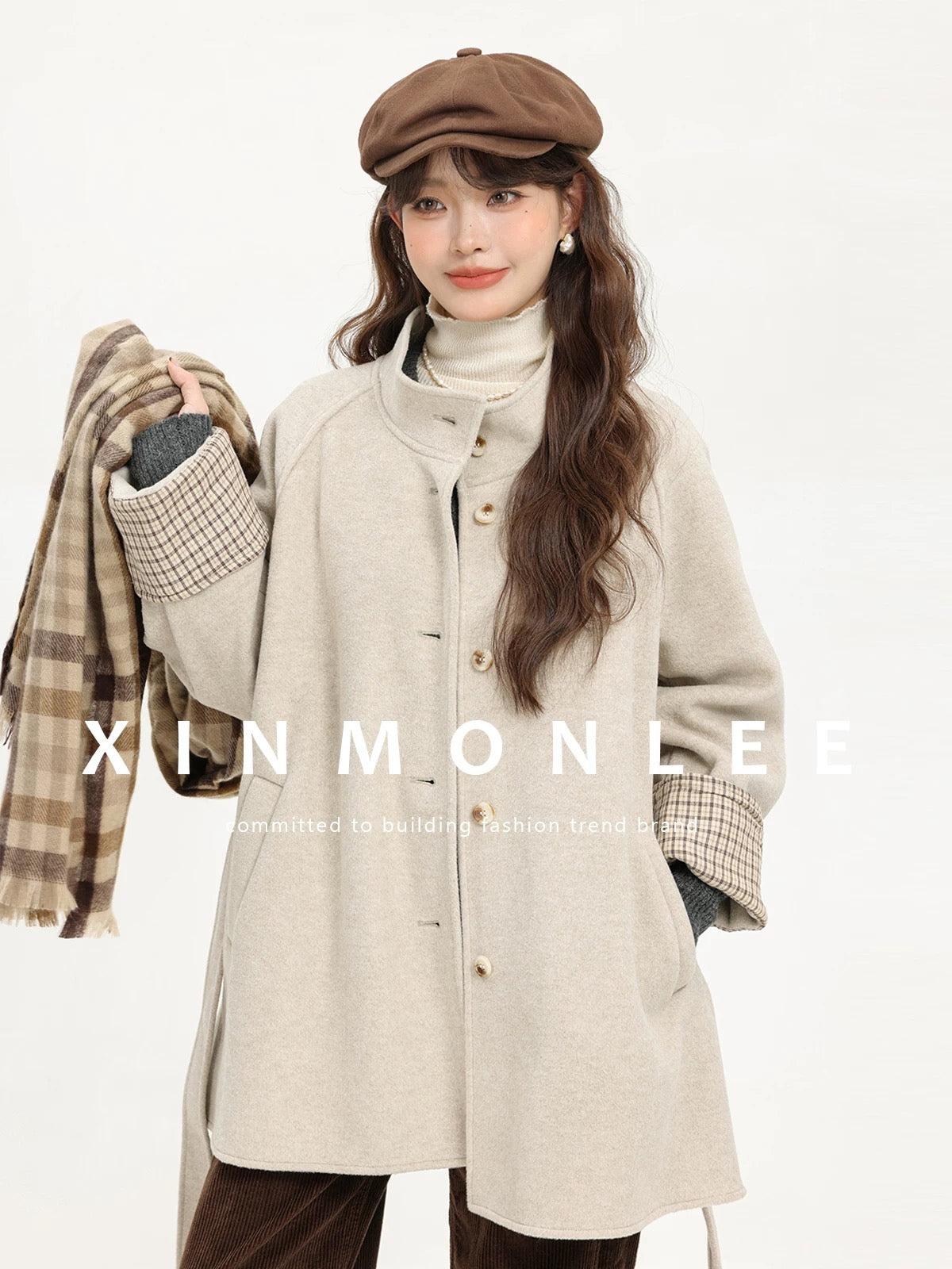 XinmonLee temperament mid-length autumn and winter new style stand-up collar woolen coat Korean style foreign style age-reducing versatile coat
