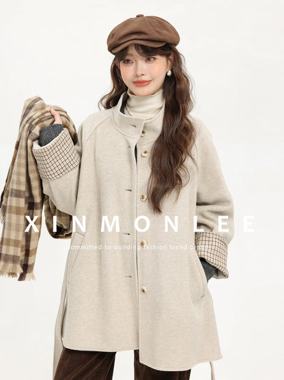 XinmonLee temperament mid-length autumn and winter new style stand-up collar woolen coat Korean style foreign style age-reducing versatile coat