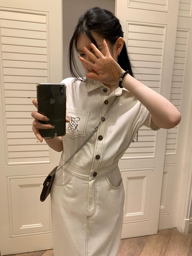 Wang Girl's shop short-sleeved shirt dress summer new Korean style small waist slimming casual workwear long skirt