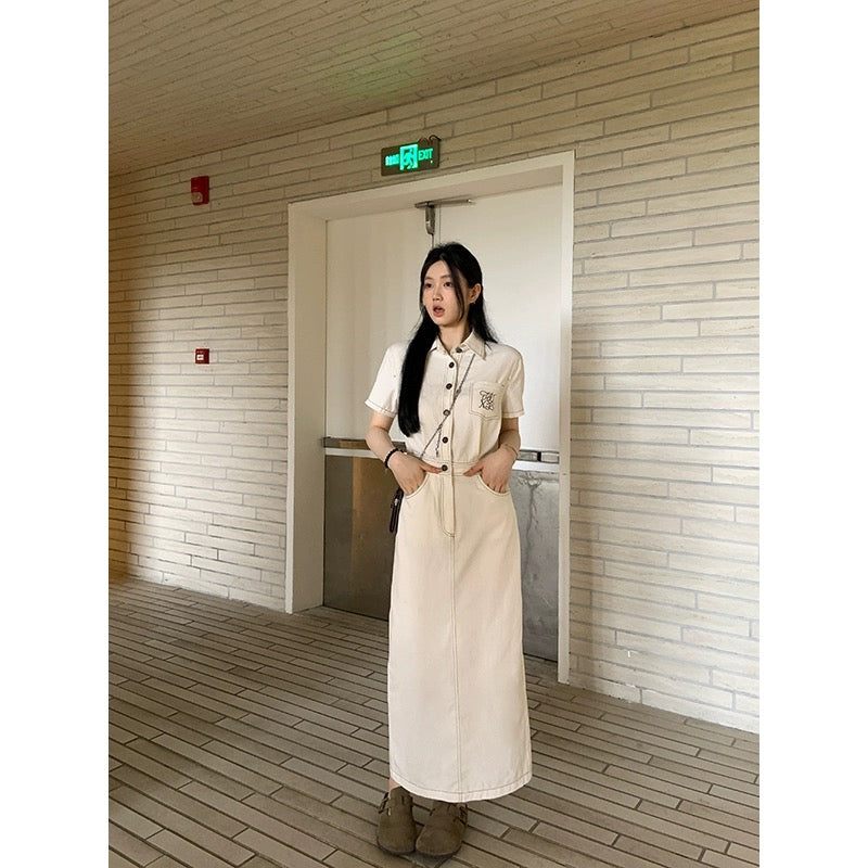 Wang Girl's shop short-sleeved shirt dress summer new Korean style small waist slimming casual workwear long skirt