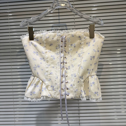 Internet celebrity style 2025 summer new style sweet lady lace edge drawstring design fishbone waist tube top vest for women