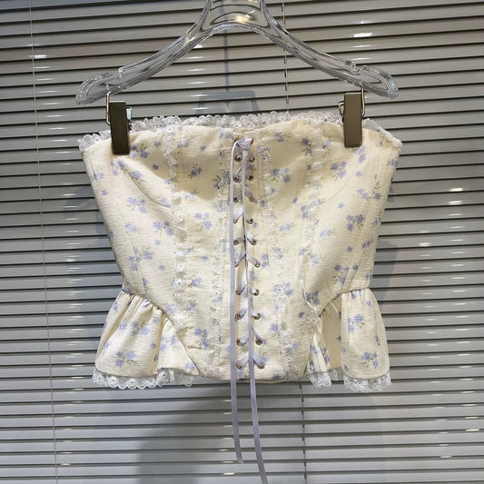 Internet celebrity style 2025 summer new style sweet lady lace edge drawstring design fishbone waist tube top vest for women