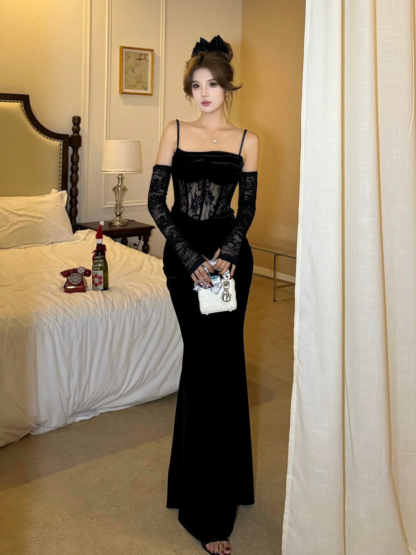 MOXI spot Christmas atmosphere fishbone suspender long velvet slim hip dress