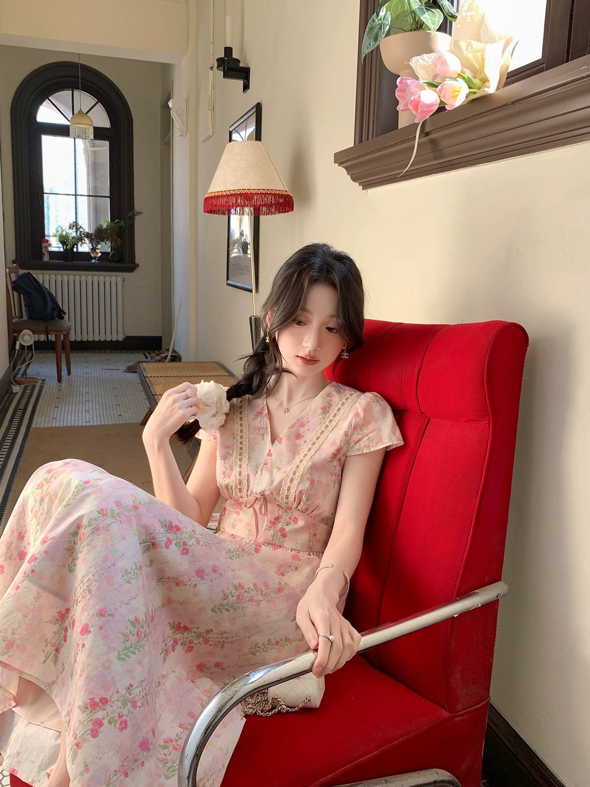 Miss Chipmunk Rose Lover Sweet Floral Dress Little Women's Summer French Style Long Dress