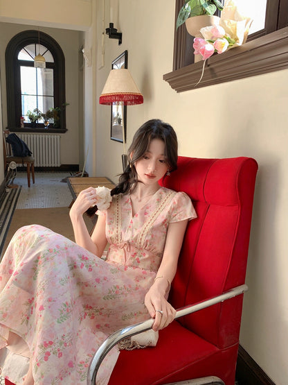 Miss Chipmunk Rose Lover Sweet Floral Dress Little Women's Summer French Style Long Dress